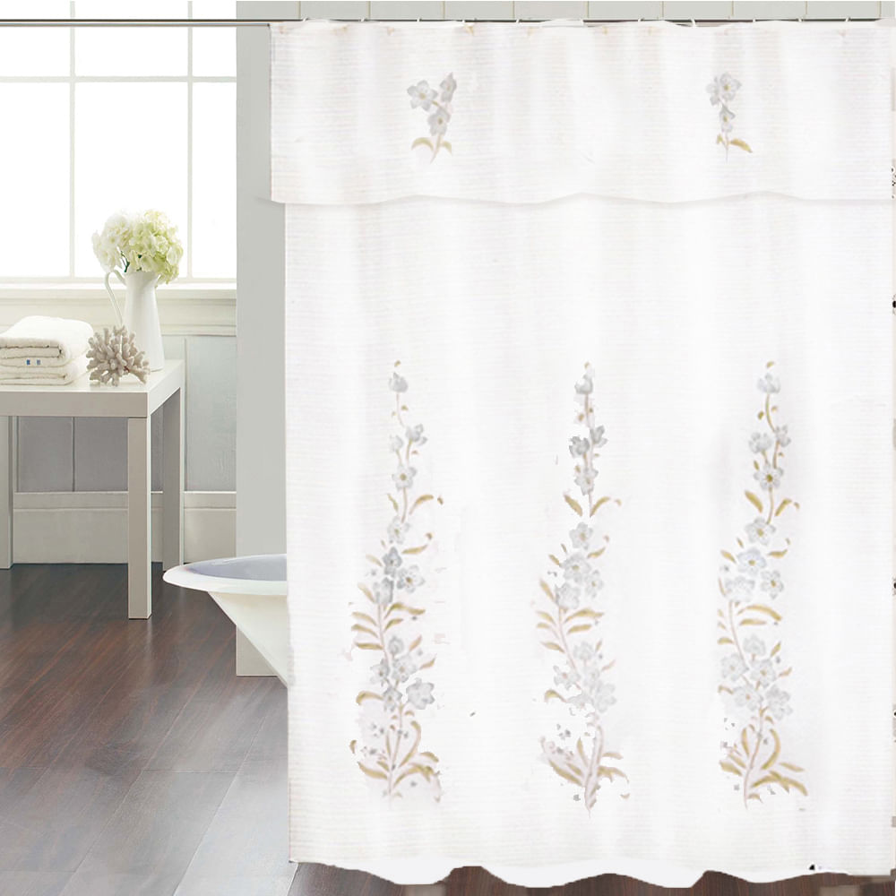 Cortina de Baño Especial Petunias Blanco Azul Celeste - decorinter